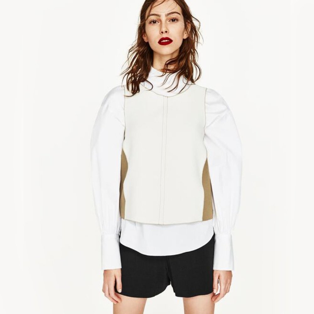 ZARA two tone topstitch cream sleeveless top